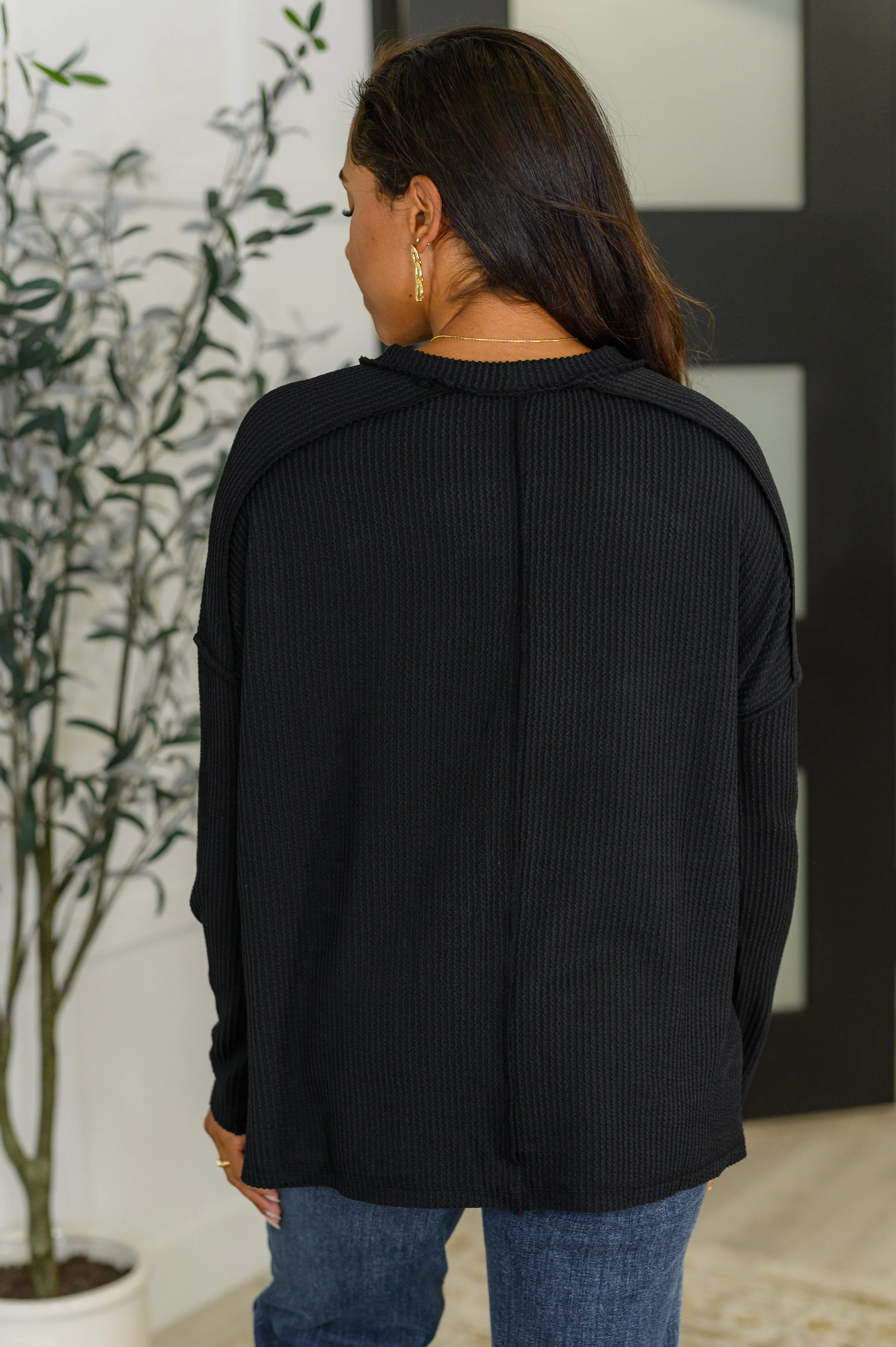 Wander & Rest Cable Ribbed Knit Drop Shoulder Top in Black - Image 5