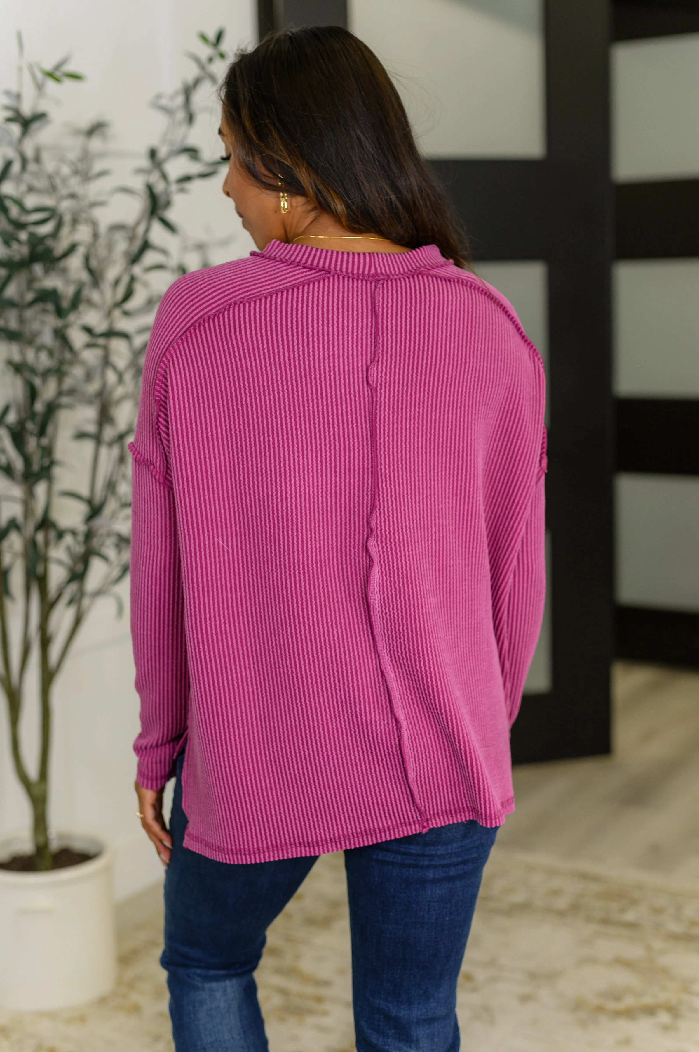Wander & Rest Cable Ribbed Knit Drop Shoulder Top in Plum - Image 4