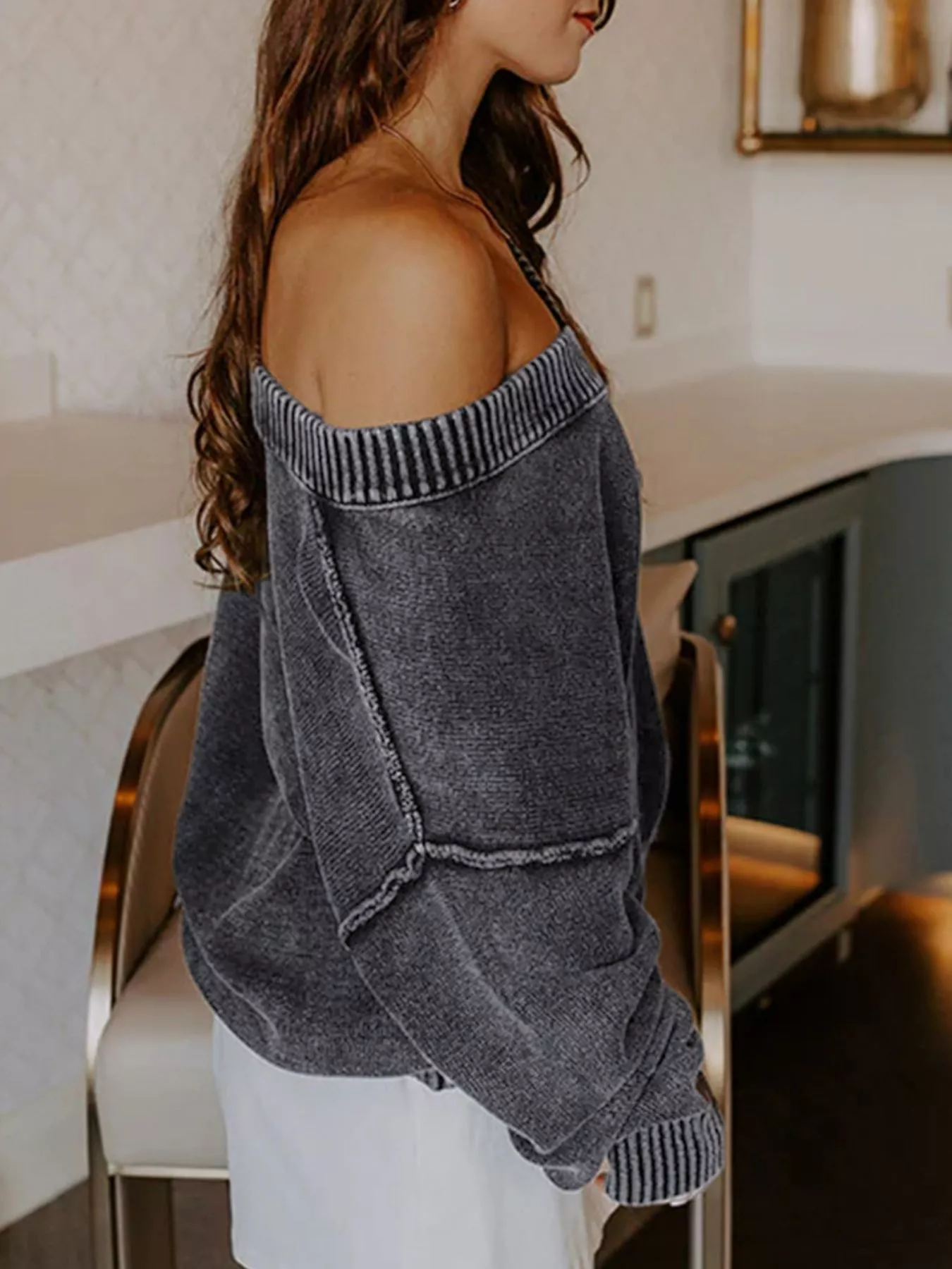 Wash V-Neck Long Sleeve Sweater - Image 4
