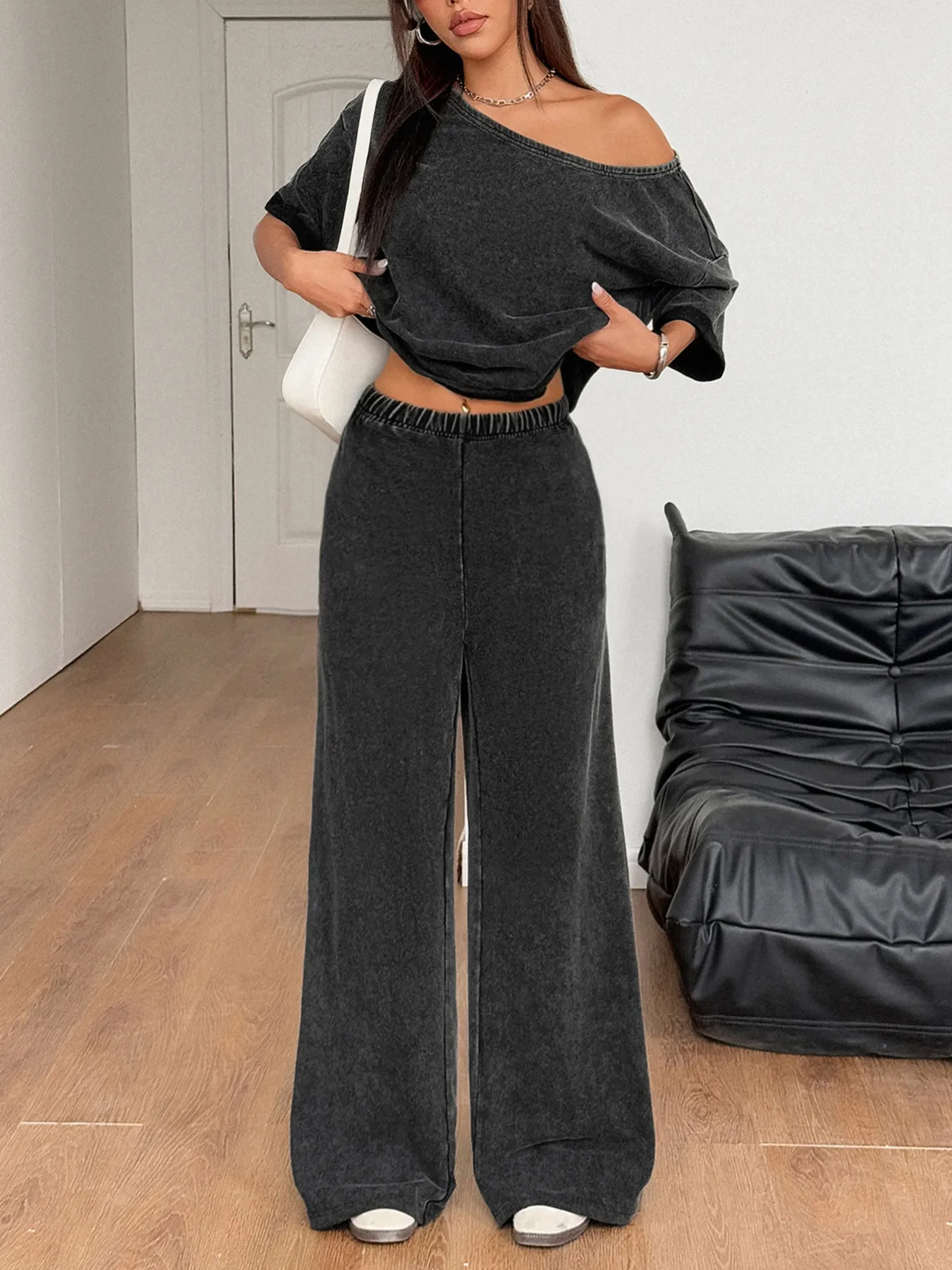 Washed Boat Neck T-Shirt and Pants Set - Image 2