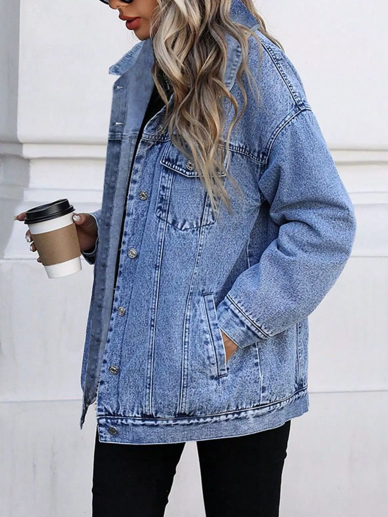 Washed Button Up Oversized Denim Jacket - Image 4