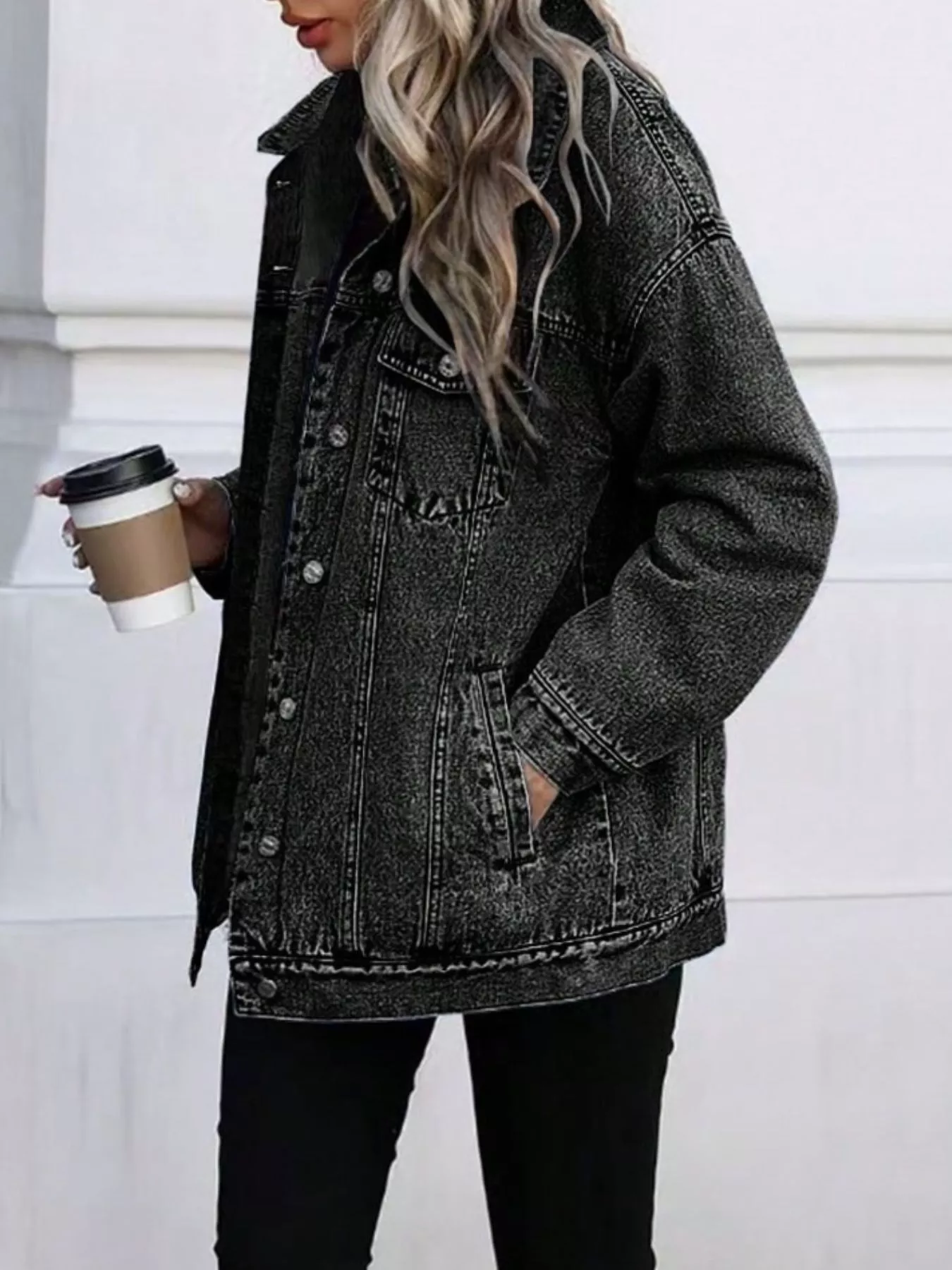 Washed Button Up Oversized Denim Jacket - Image 8