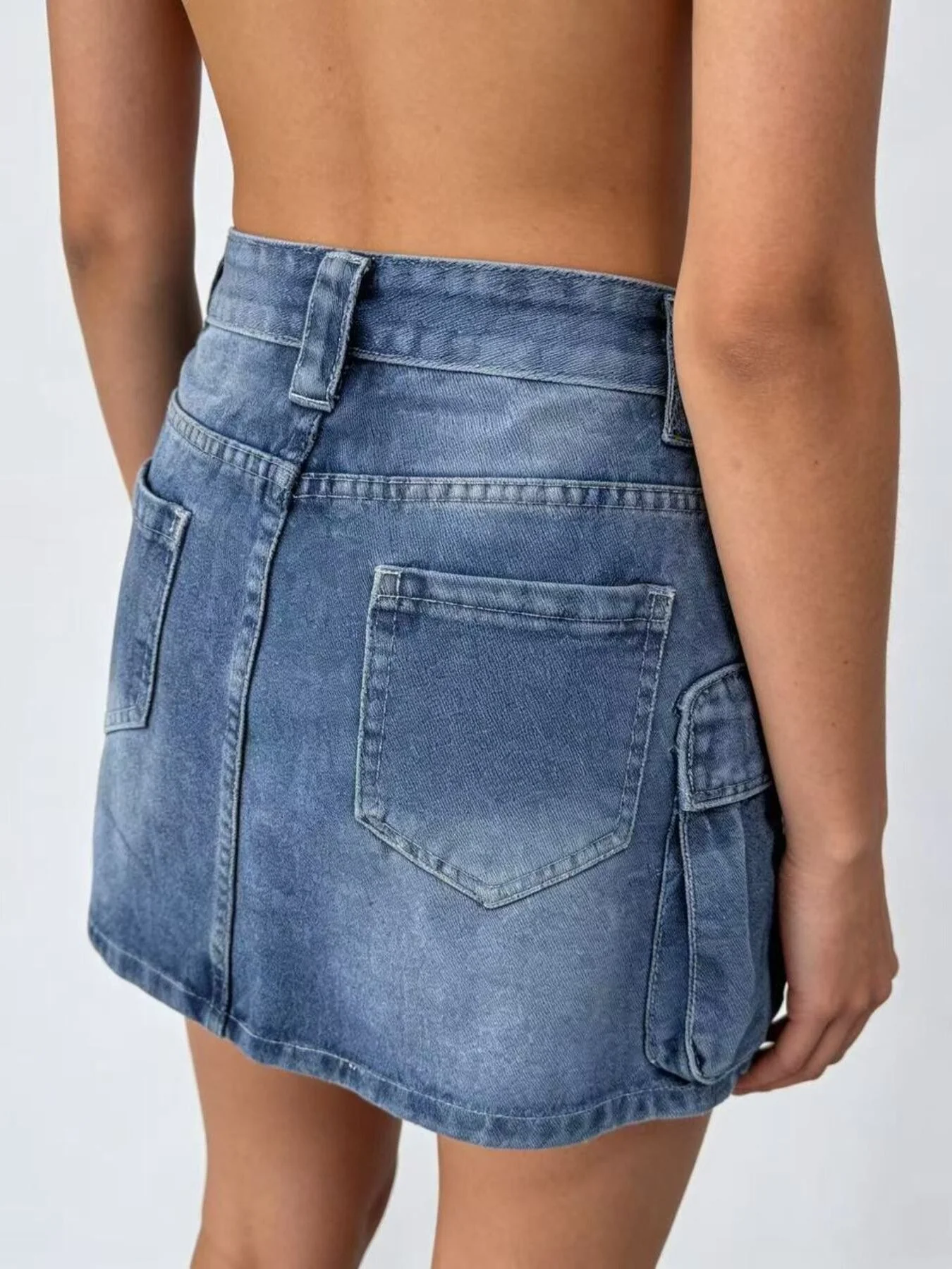 Washed Cargo Denim Skirt - Image 16