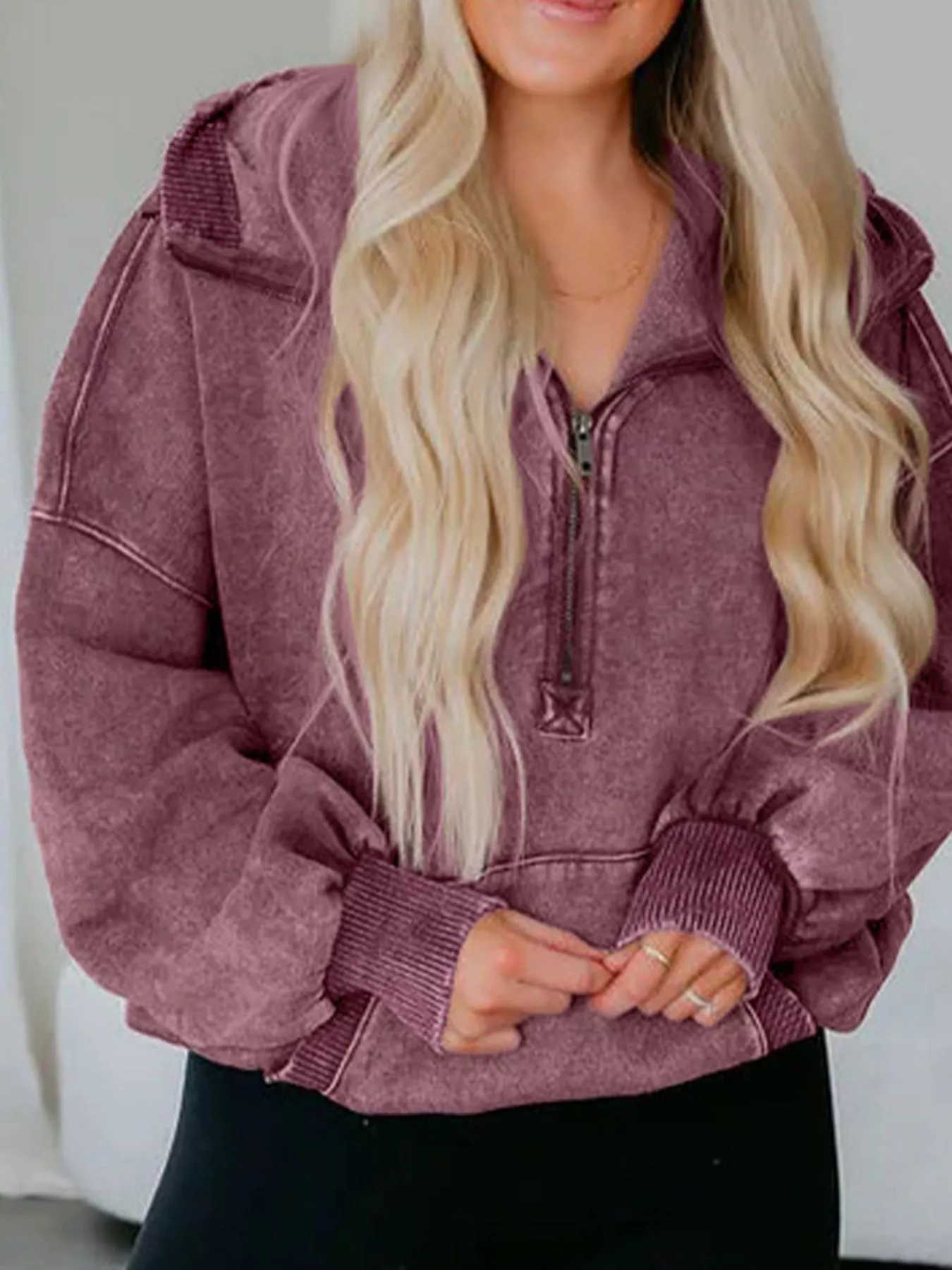 Washed Half Zip Pullover Hoodie - Image 3