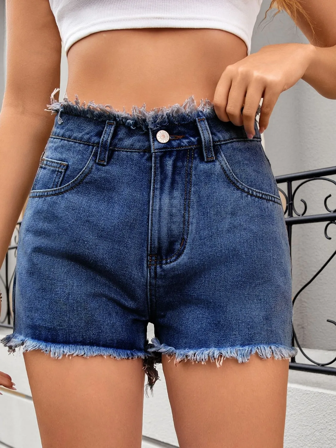 Washed Raw Hem Denim Shorts - Image 7