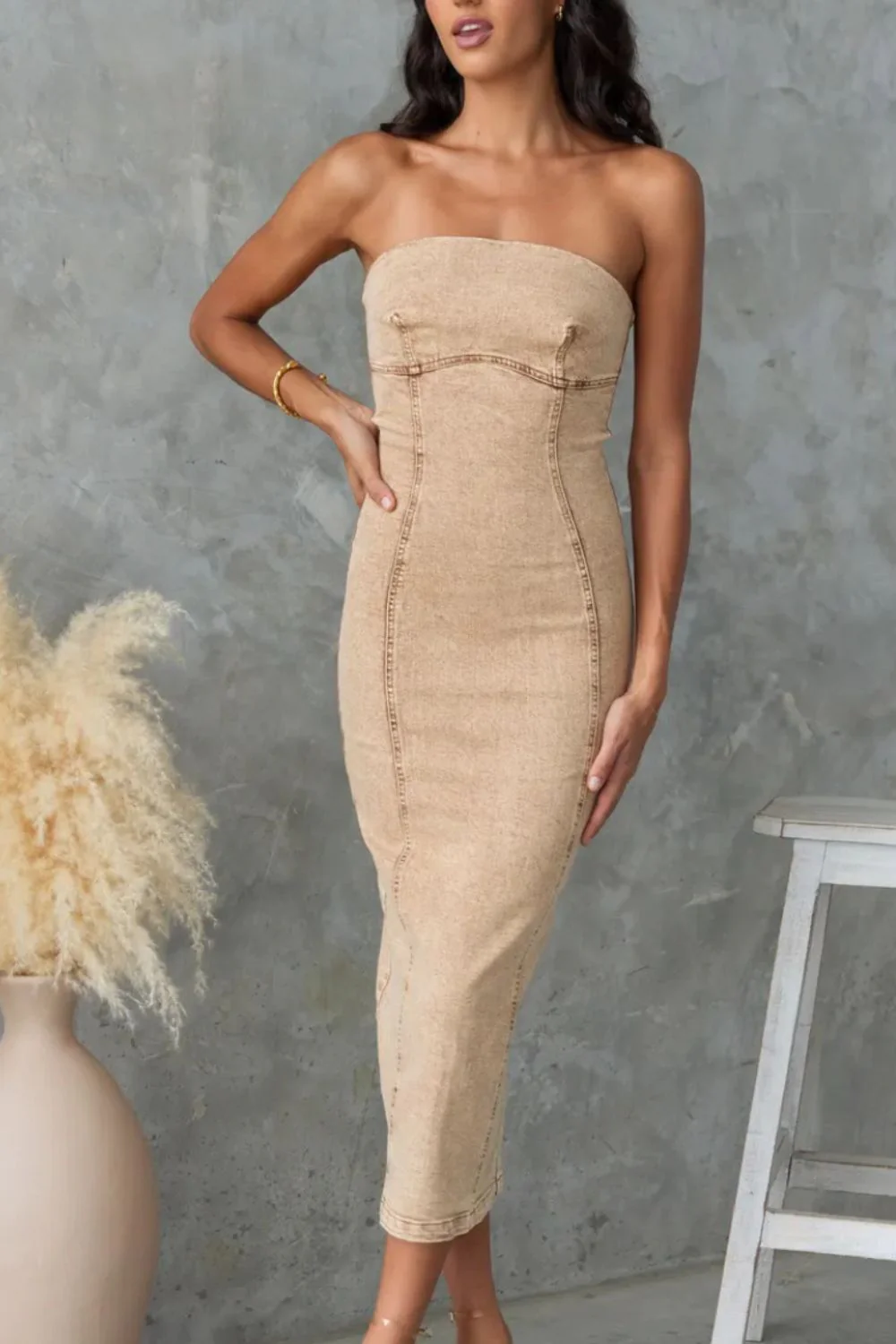 Washed Slit Back Tube Denim Dress - Image 9