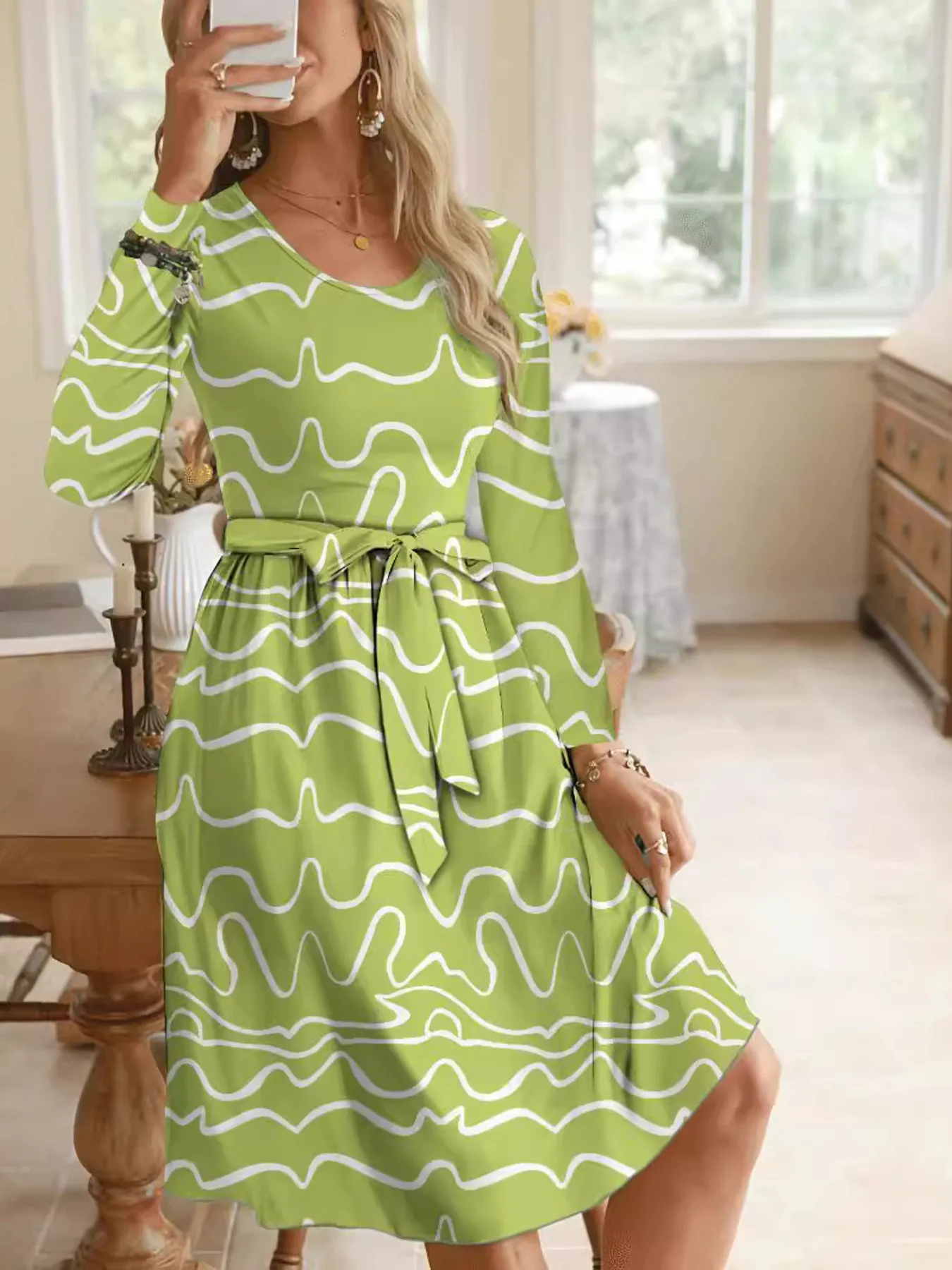Wave Print Long Sleeve Tie Waist Dress - Image 4