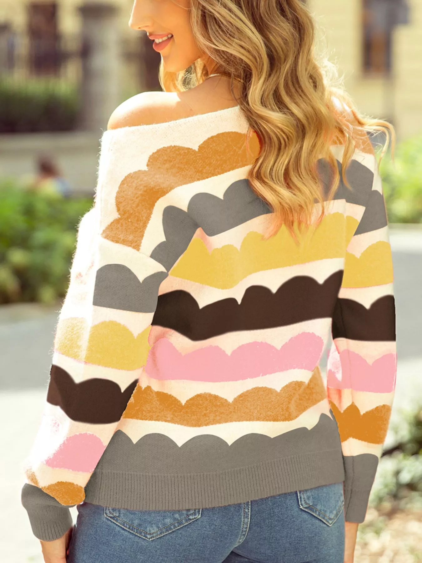 Wave Striped Balloon Sleeve Drop Shoulder Sweater - Image 2