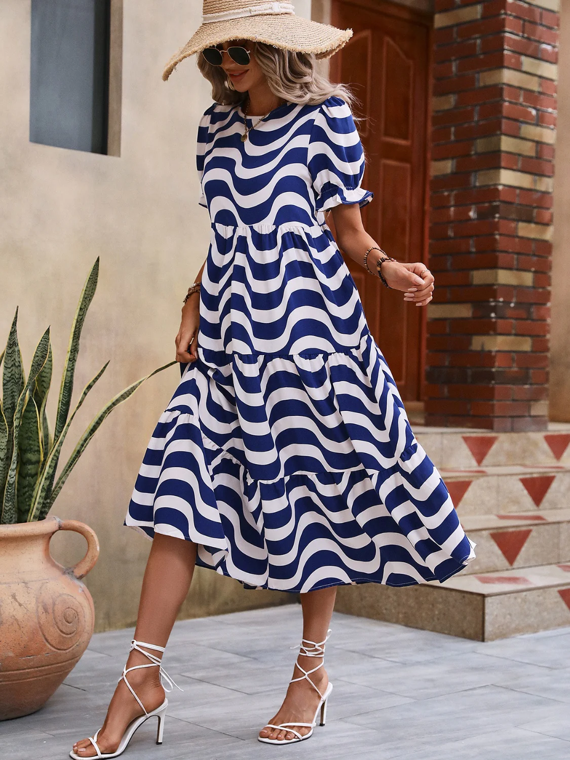 Wavy Striped Round Neck Short Sleeve Dress - Image 13