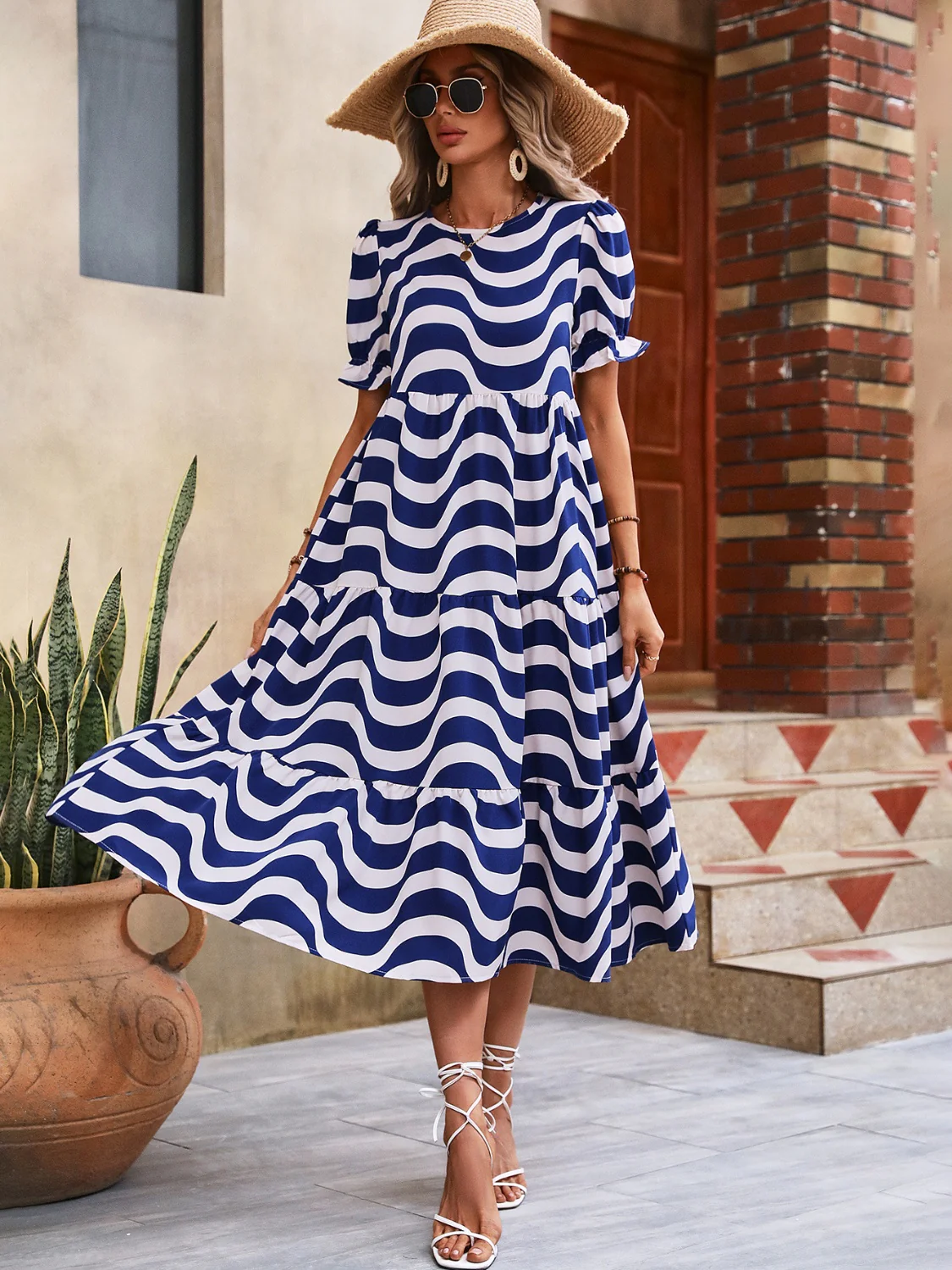 Wavy Striped Round Neck Short Sleeve Dress - Image 15