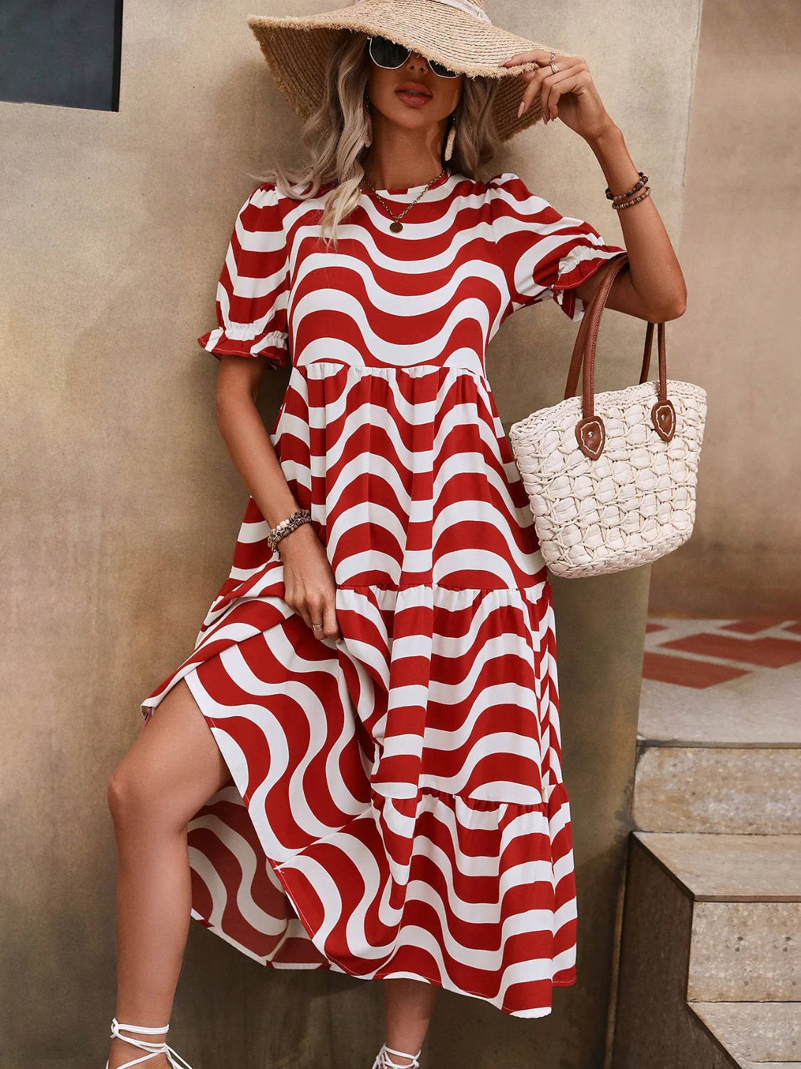 Wavy Striped Round Neck Short Sleeve Dress - Image 17