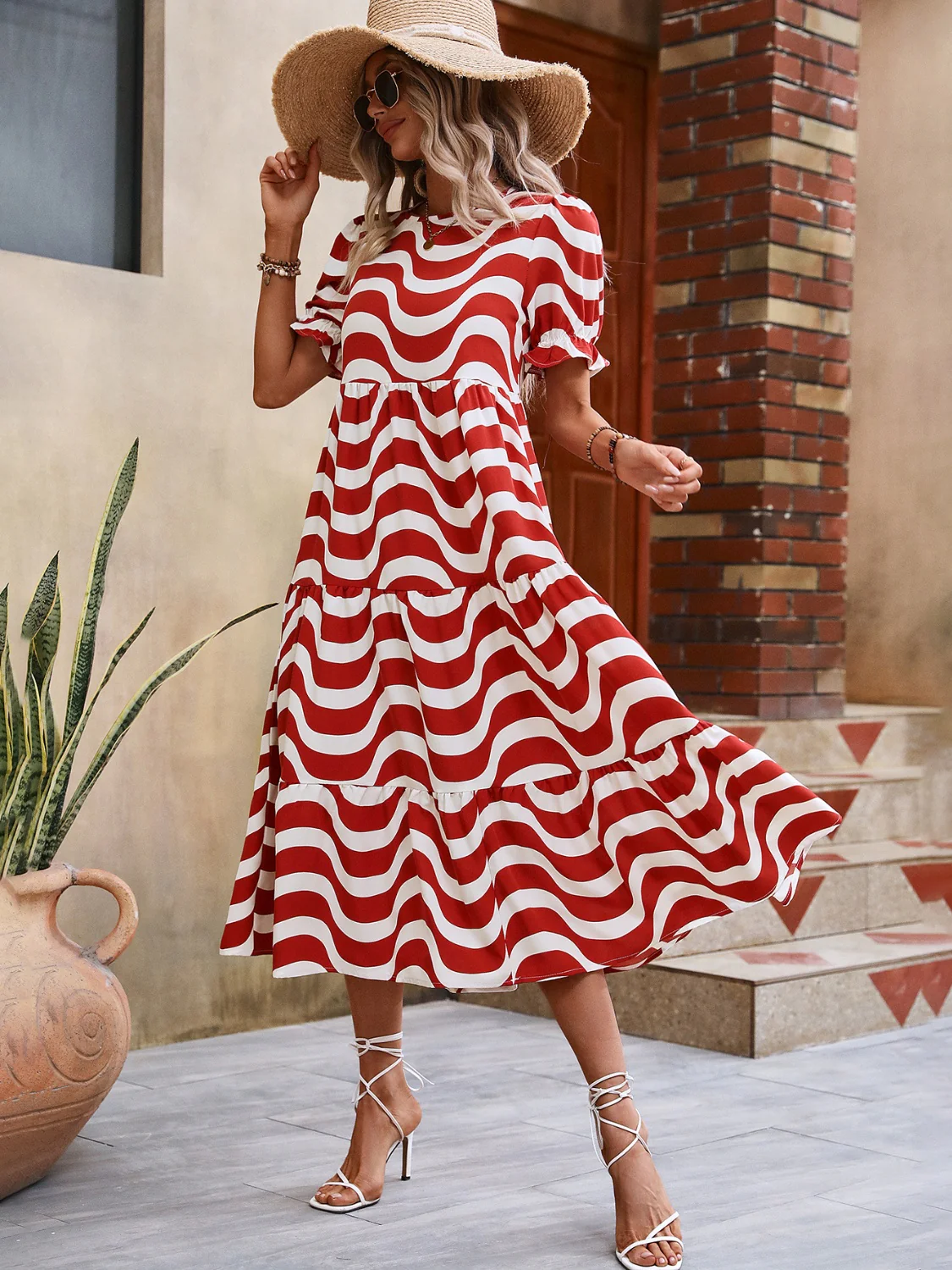 Wavy Striped Round Neck Short Sleeve Dress - Image 18