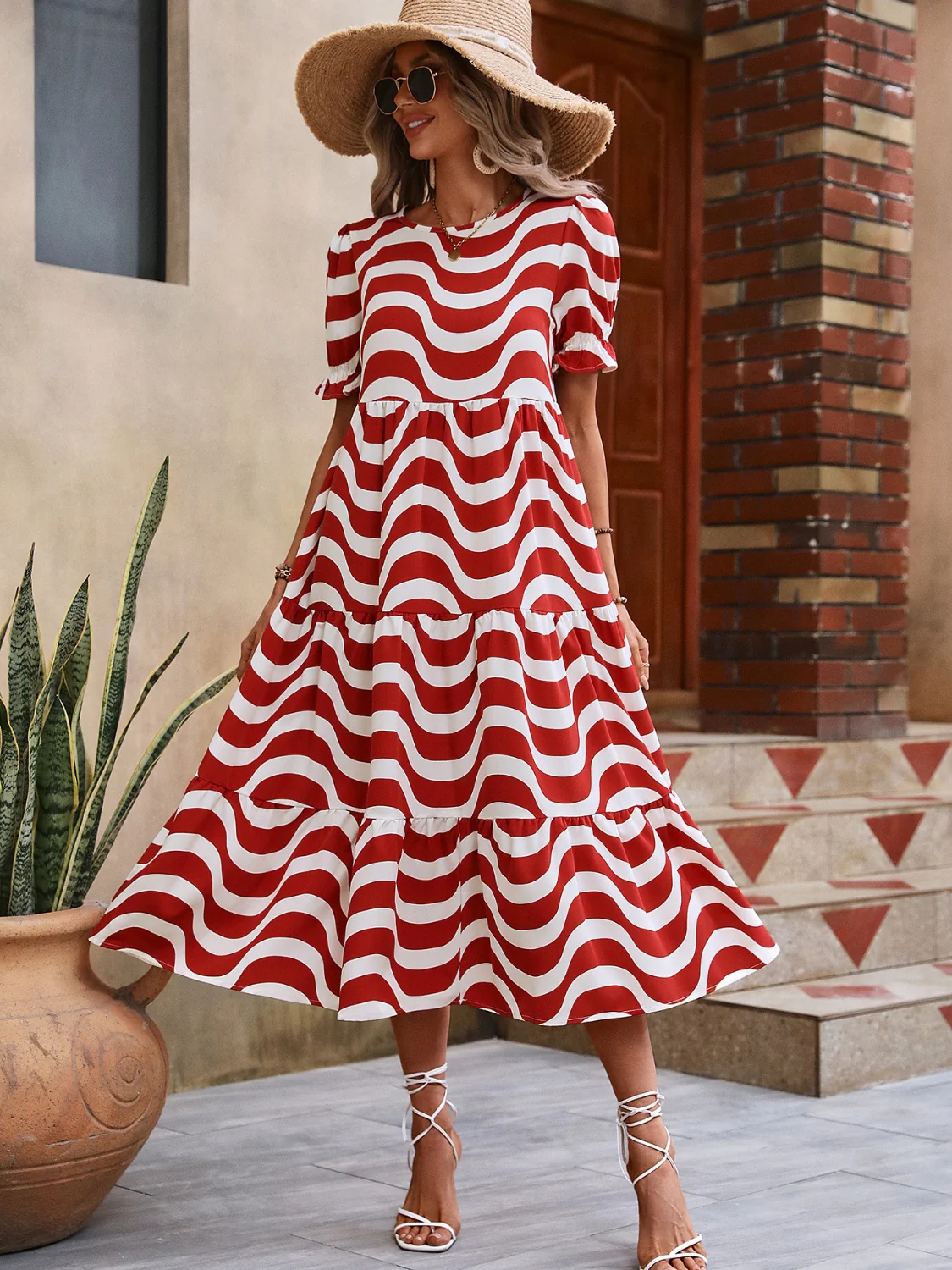 Wavy Striped Round Neck Short Sleeve Dress - Image 22