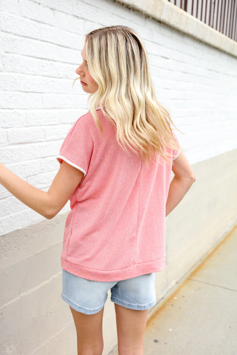 Weekend Ready Coral Collar Notch Neck Waffle Knit Top - Image 5