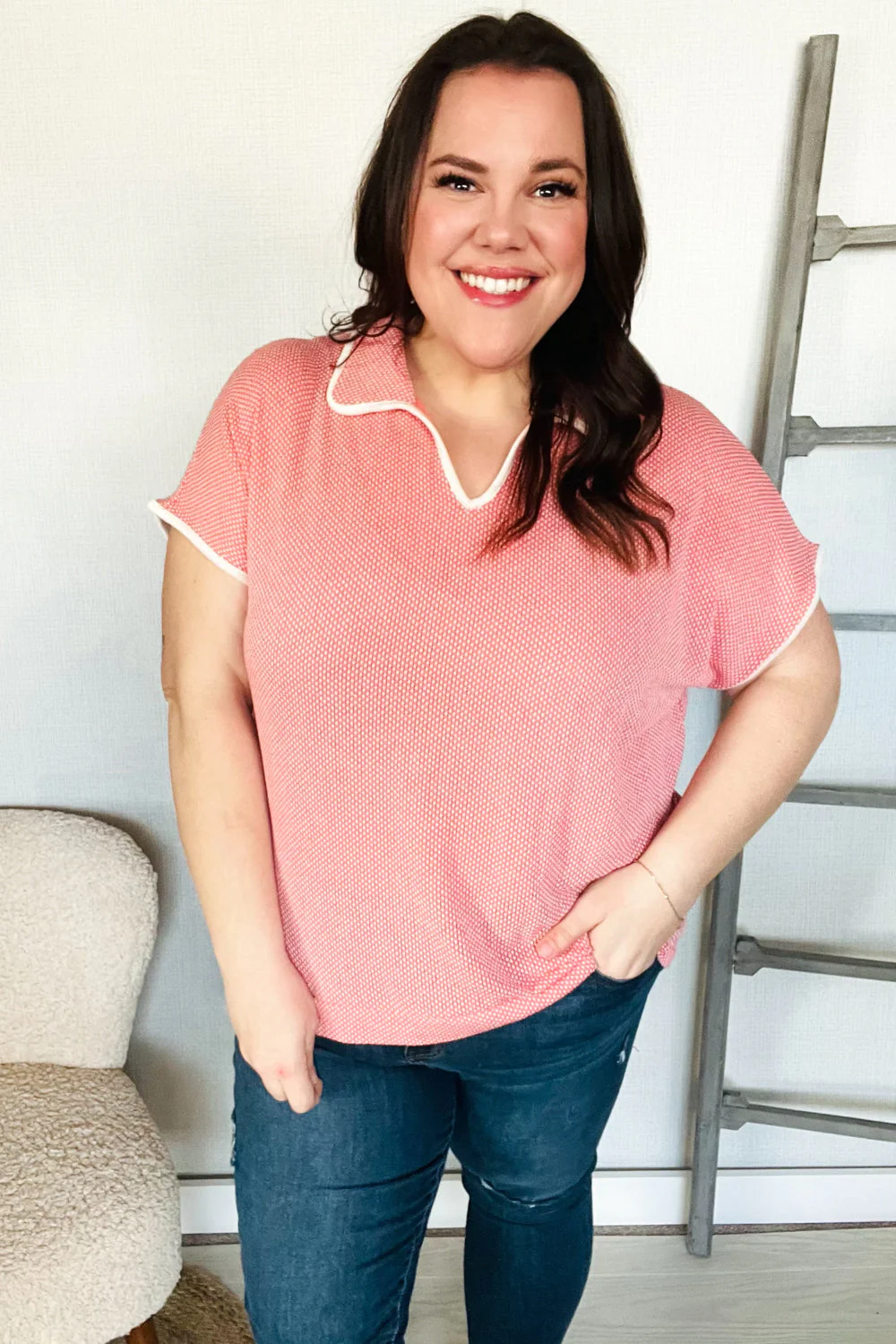 Weekend Ready Coral Collar Notch Neck Waffle Knit Top - Image 7