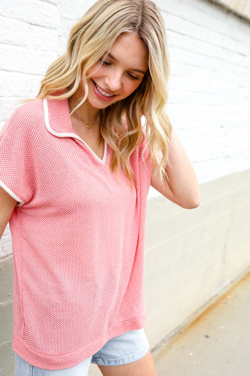 Weekend Ready Coral Collar Notch Neck Waffle Knit Top - Image 8