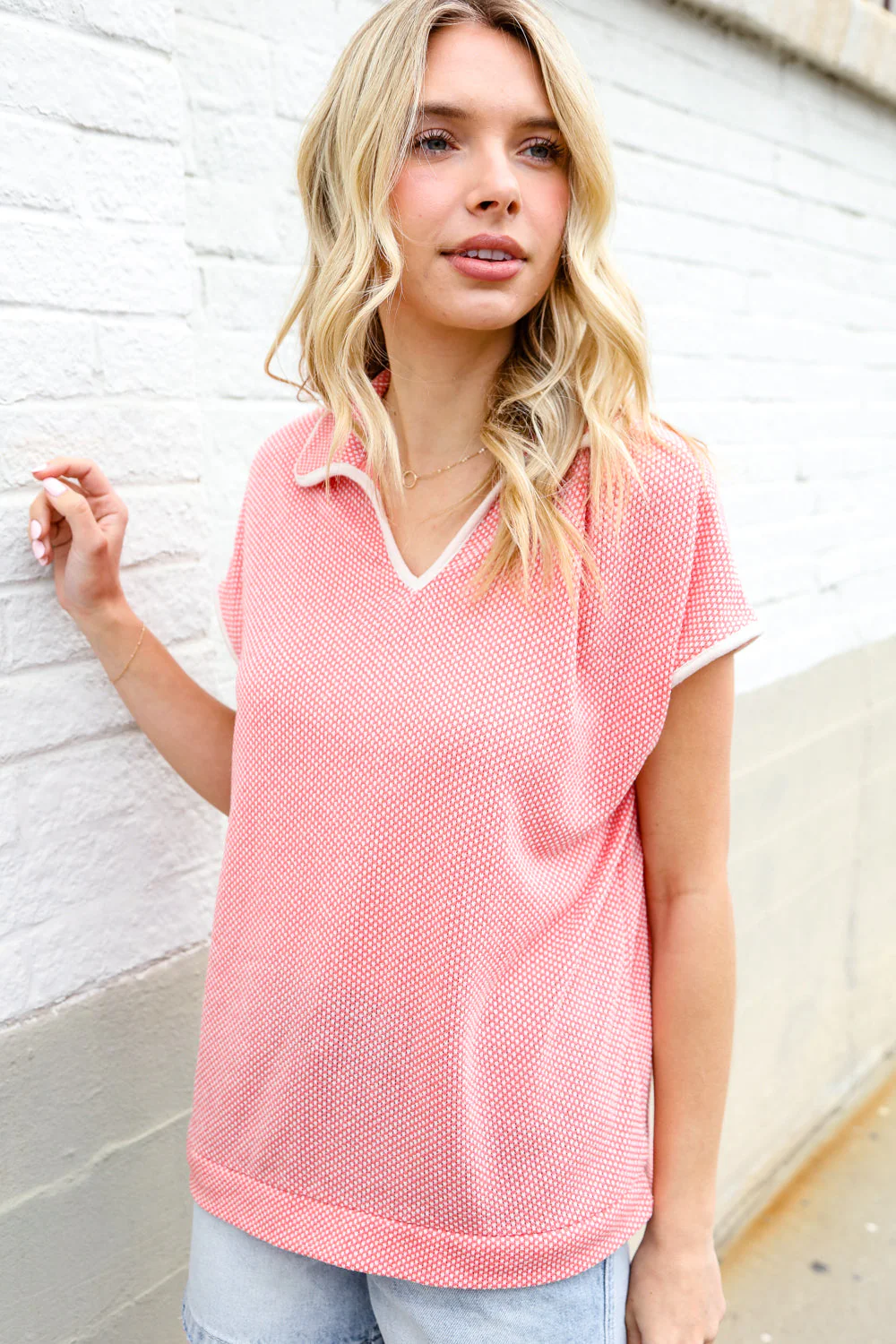 Weekend Ready Coral Collar Notch Neck Waffle Knit Top - Image 9
