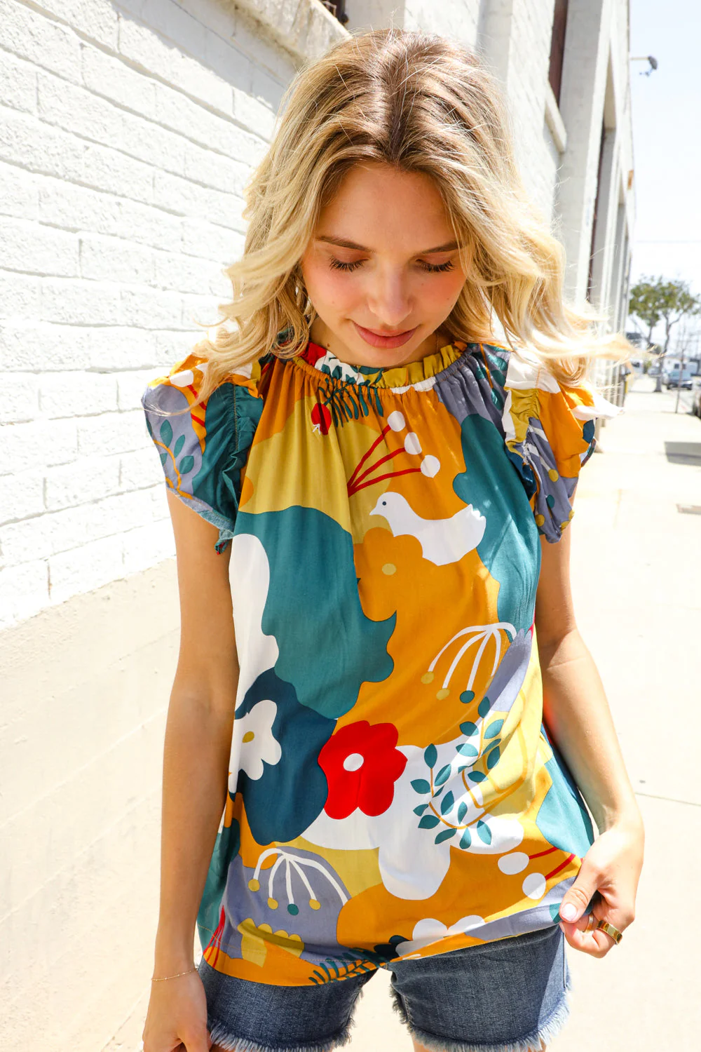 Be Bold Multicolor Abstract Print Flutter Sleeve Mock Neck Top - Image 8
