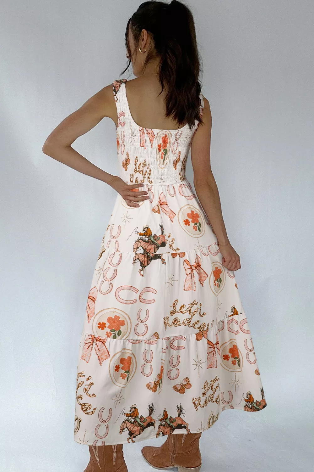 Western Horseshoe Print U-Neck Sleeveless Midi Dress - Image 2