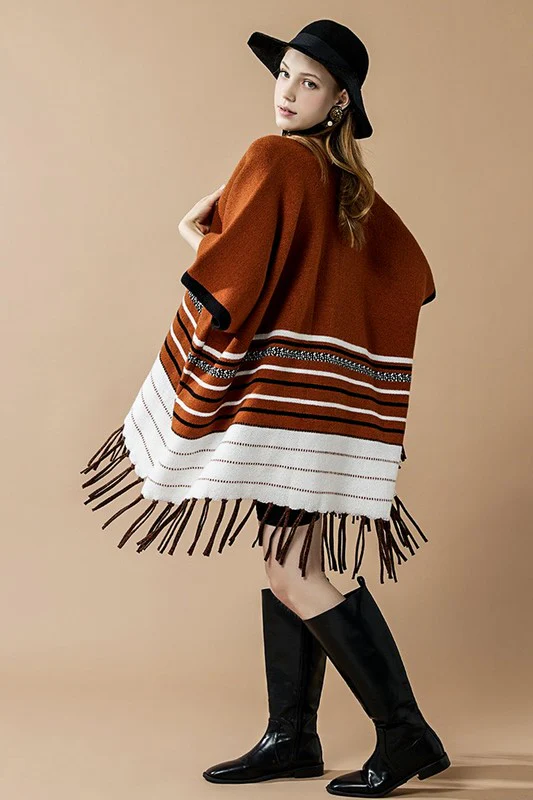Western Striped Fringed Ruana Poncho Cardigan - Image 3