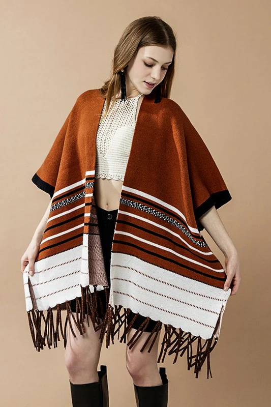 Western Striped Fringed Ruana Poncho Cardigan - Image 5