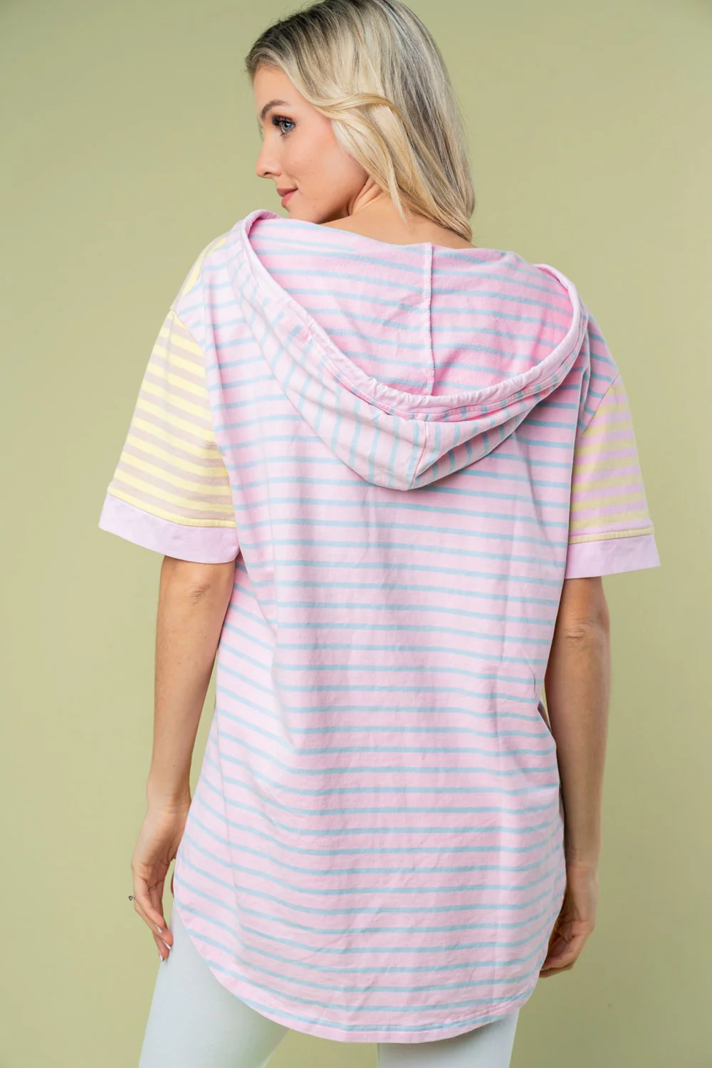 White Birch Full Size Striped Short Sleeve Drawstring Hooded Top - Image 2