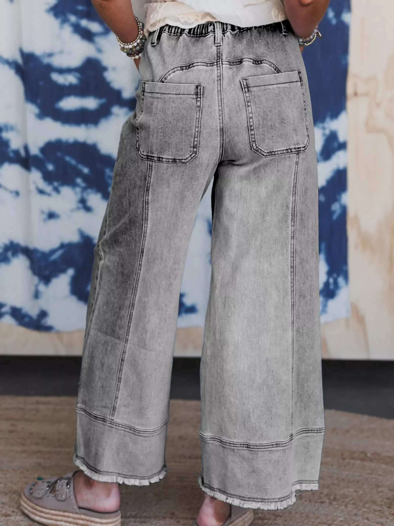 Wide Leg Drawstring Raw Hem Jeans - Image 15