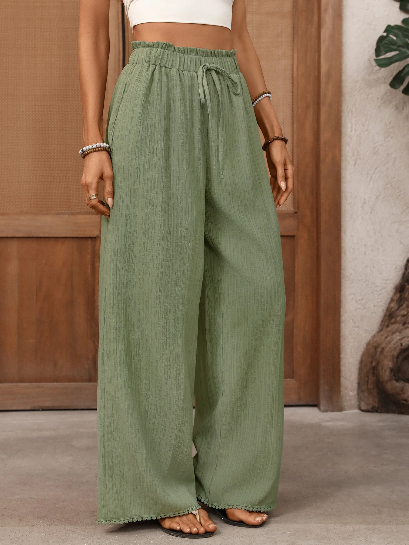 Wide Leg Drawstring Waist Pants - Image 2