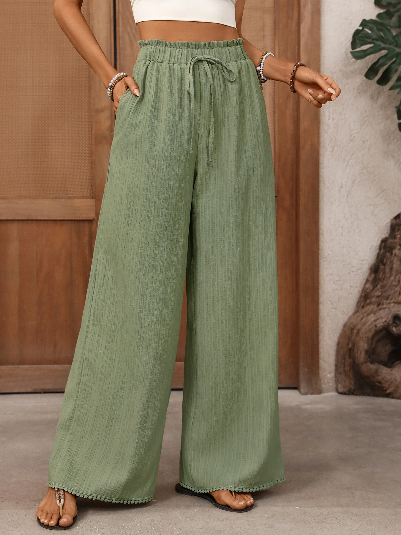Wide Leg Drawstring Waist Pants - Image 4