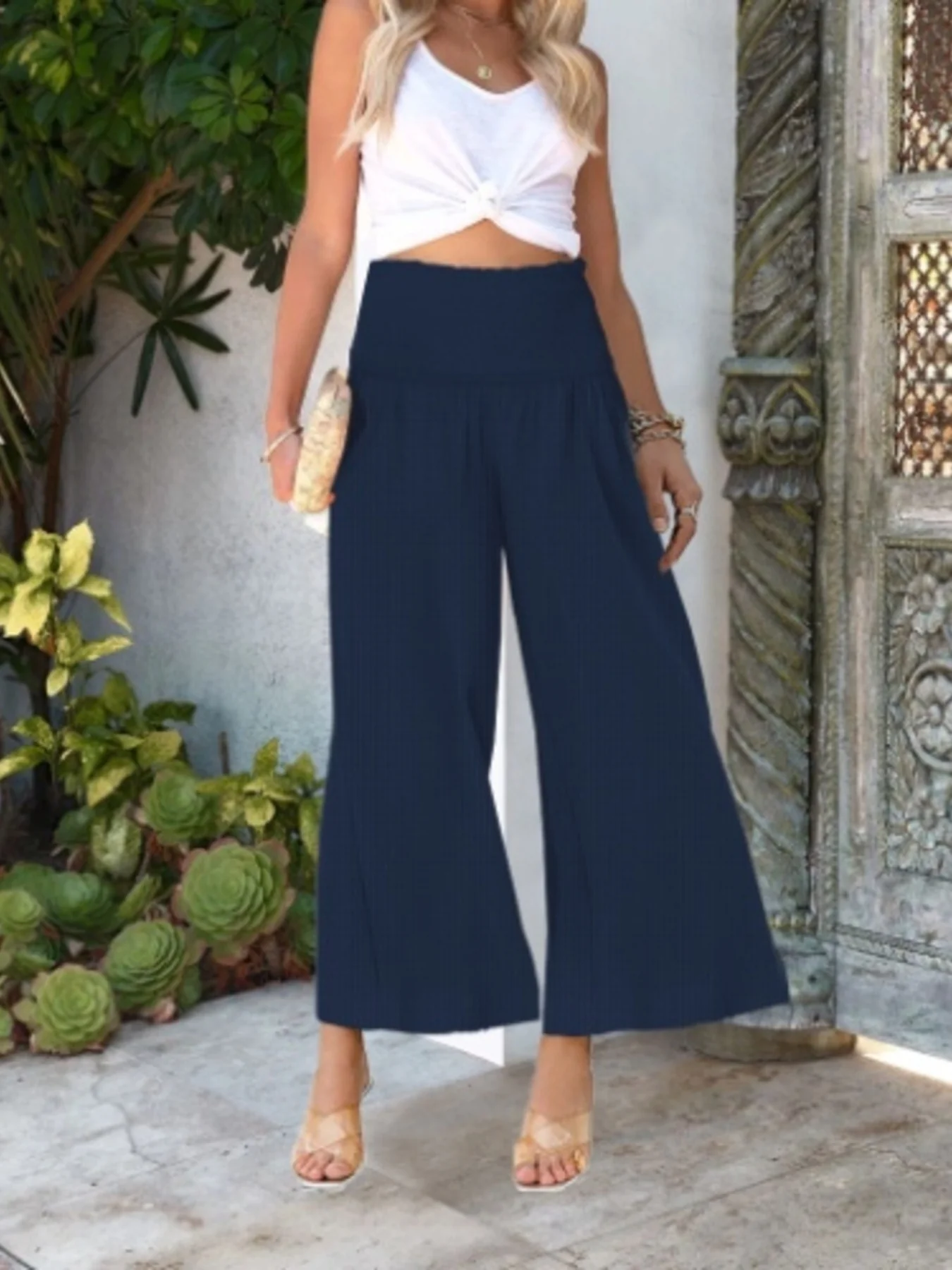 Wide-Leg Smocked Waist Pants - Image 21