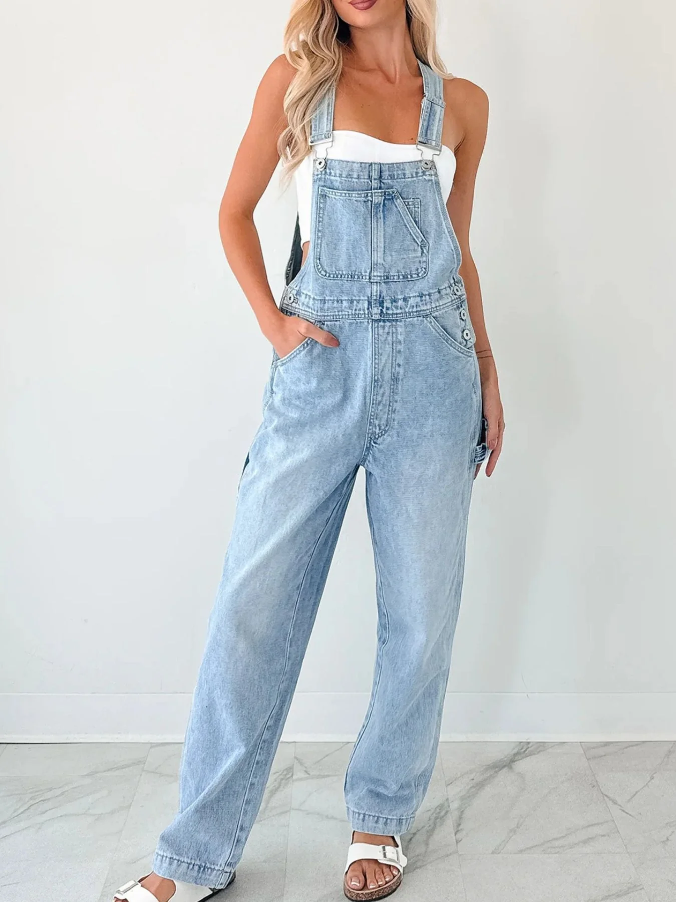 Wide Strap Relaxed Fit Denim Overalls - Image 2