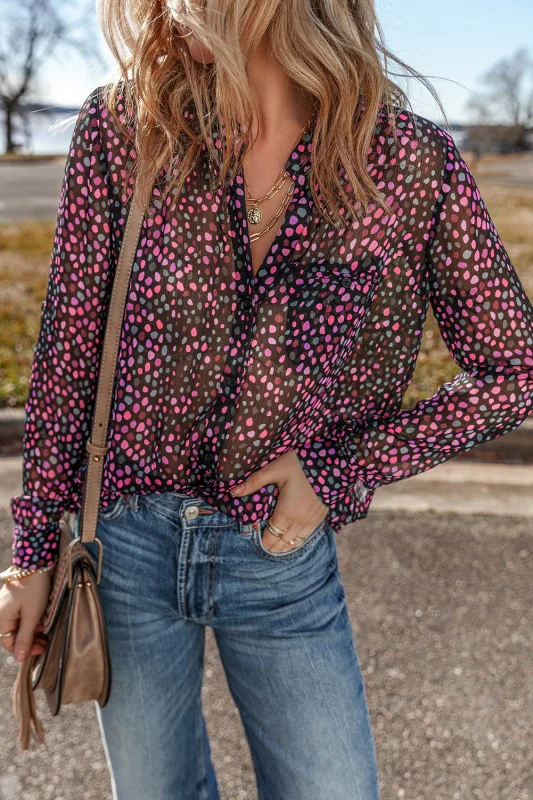 Wine Polka Dot Printed Buttoned Casual Blouses - Image 7