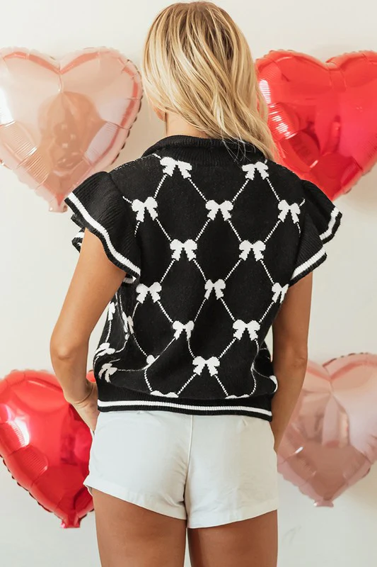 Women Preppy Vibes Bow Print Zipped Collar Sweater - Image 10
