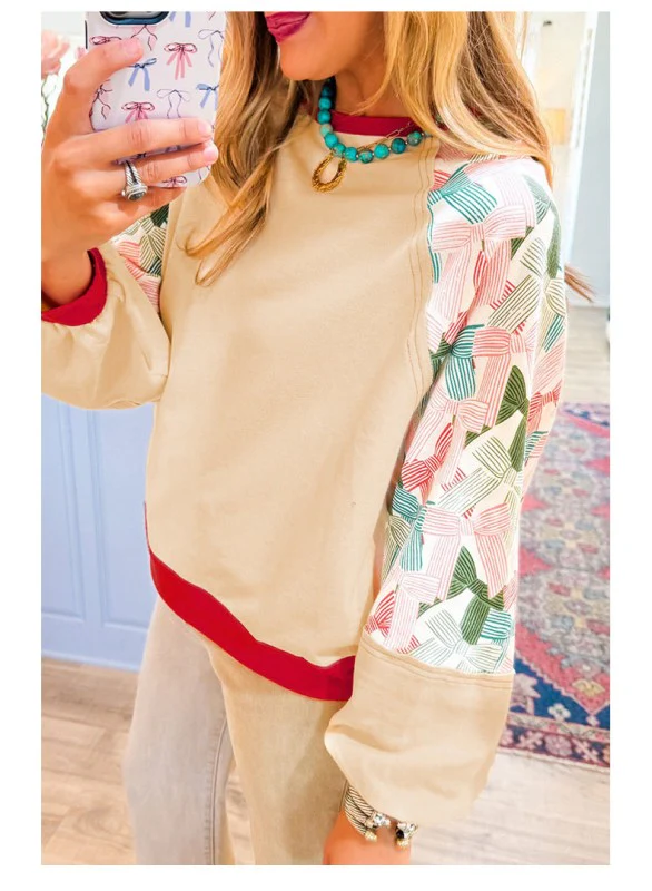 Women Printed Patchwork Raglan Sleeve Sweatshirts - Image 5