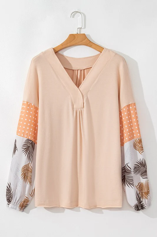 Women Puff Sleeve Patchwork V Neck Sweatshirts - Image 10