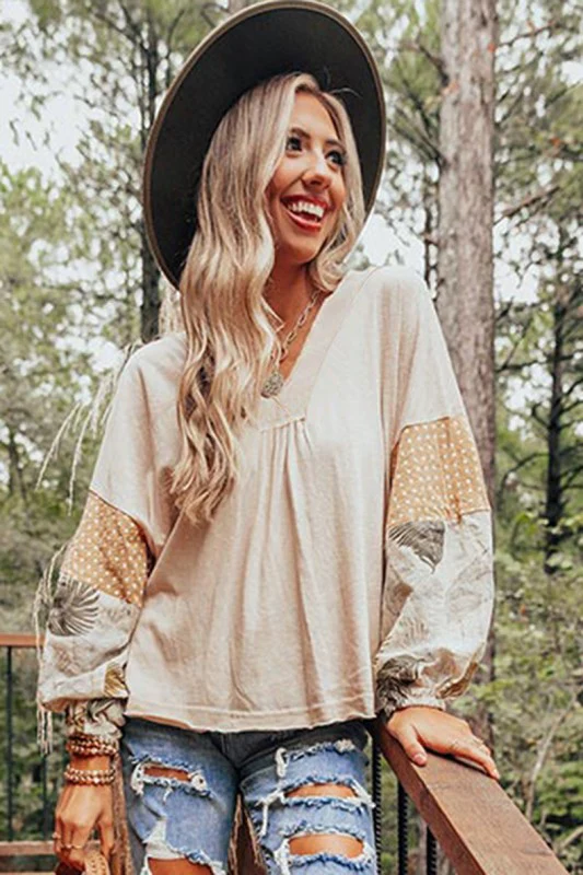 Women Puff Sleeve Patchwork V Neck Sweatshirts - Image 12