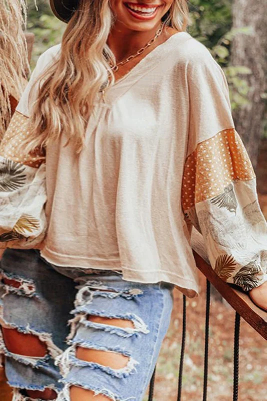 Women Puff Sleeve Patchwork V Neck Sweatshirts - Image 14
