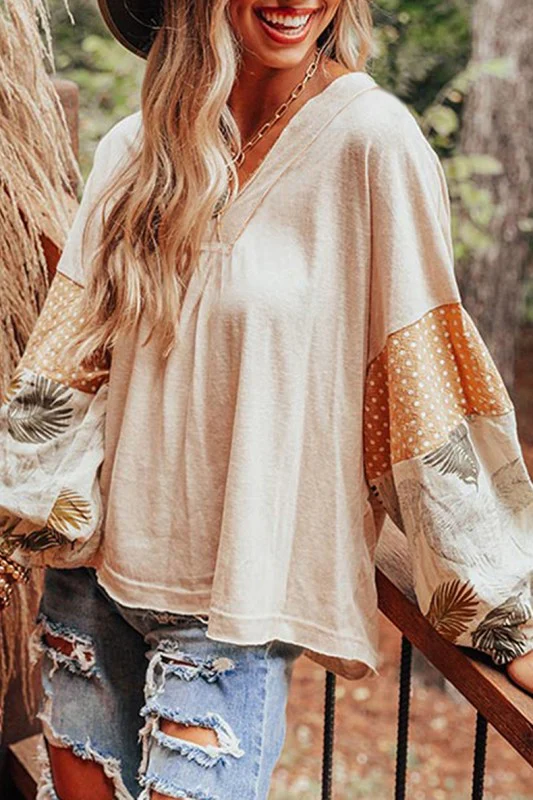 Women Puff Sleeve Patchwork V Neck Sweatshirts - Image 16