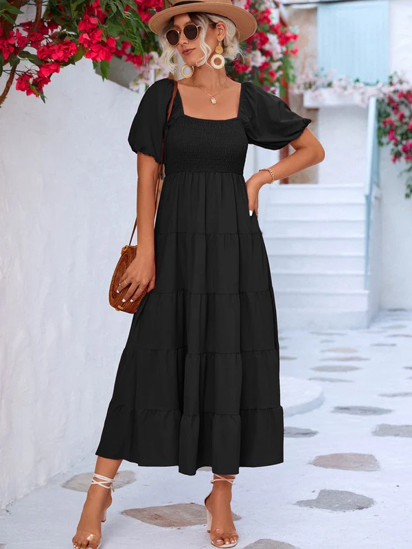 Women Short Sleeve A Line Smock Maxi Dress - Image 11
