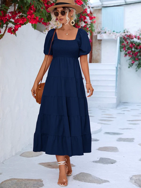 Women Short Sleeve A Line Smock Maxi Dress - Image 17