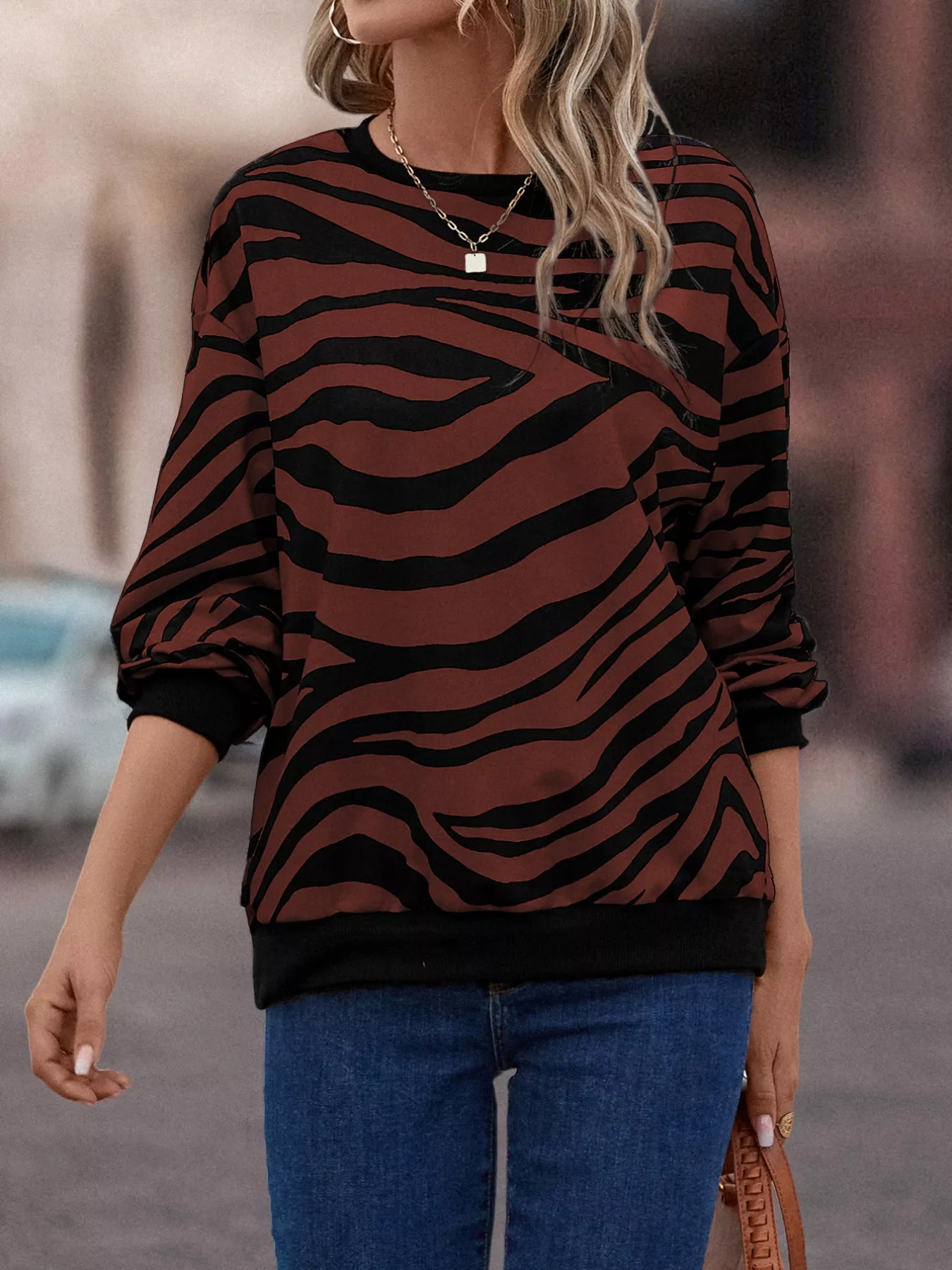 Zebra Print Round Neck Casual Sweatshirt - Image 9