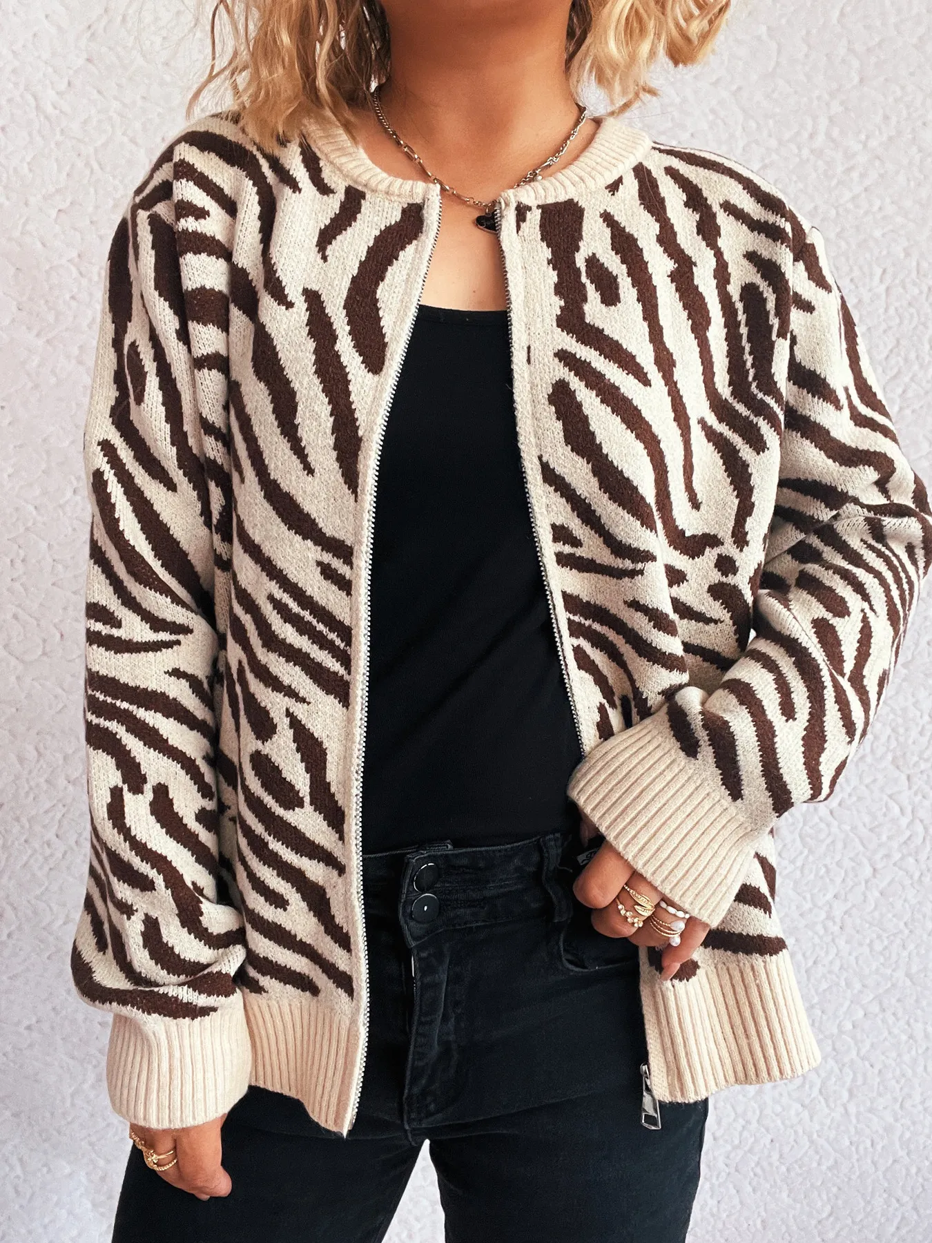 Zebra Print Zip Up Cardigan - Image 9