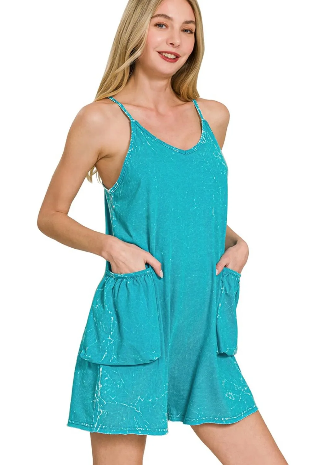 Zenana Acid Crinkle Washed Spaghetti Strap Romper - Image 2