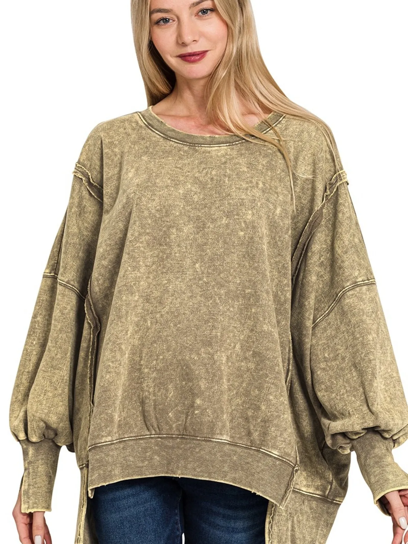 Zenana Acid Wash Exposed-Seam High Low Sweatshirt