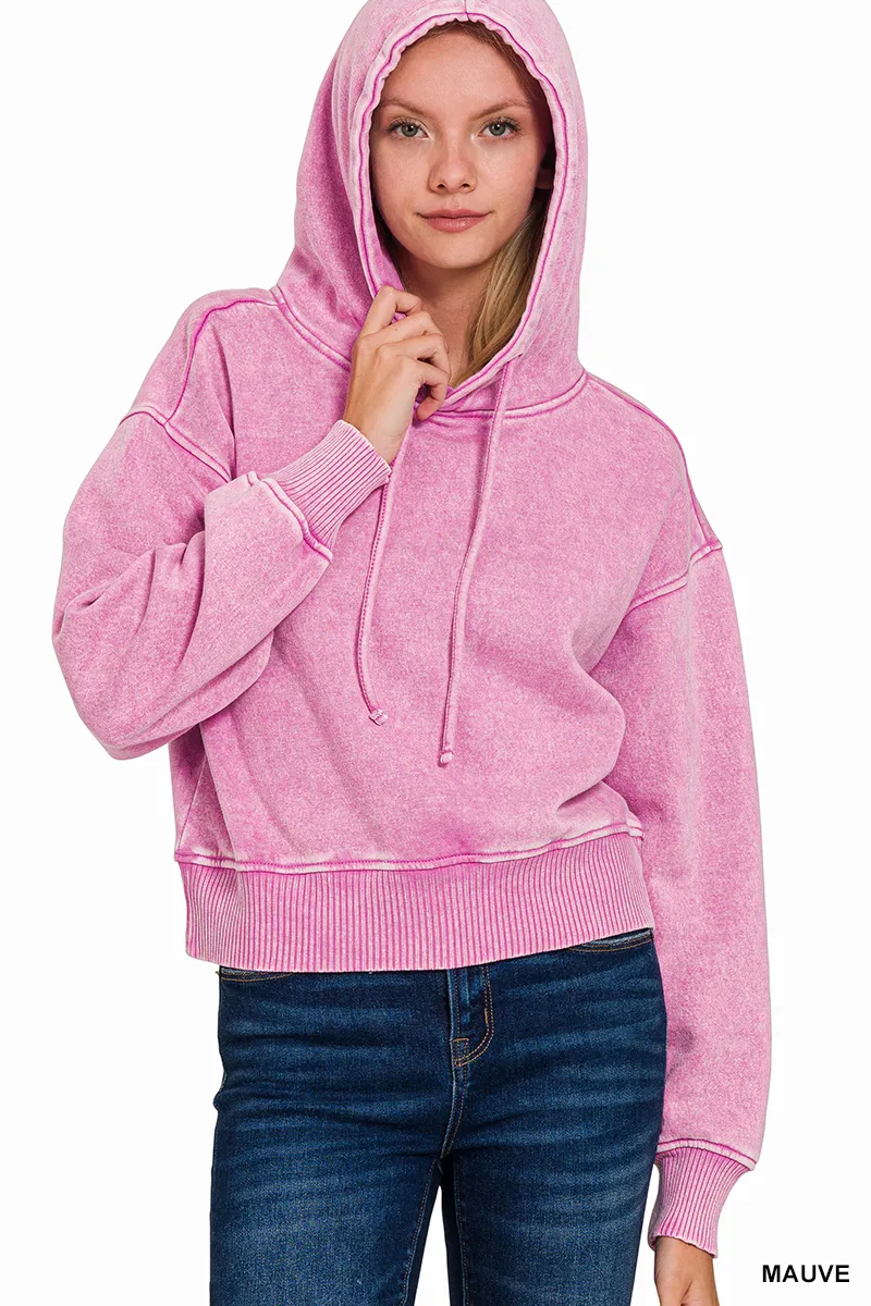 Zenana Acid Wash Fleece Drawstring Cropped Hoodie - Image 2