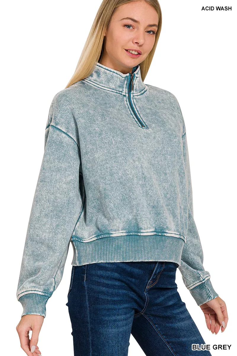 Zenana Acid Wash Fleece Half Zip Sweatshirt - Image 2
