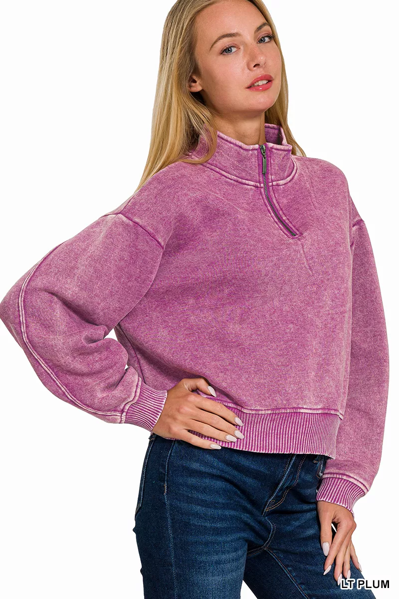 Zenana Acid Wash Fleece Half Zip Sweatshirt - Image 2