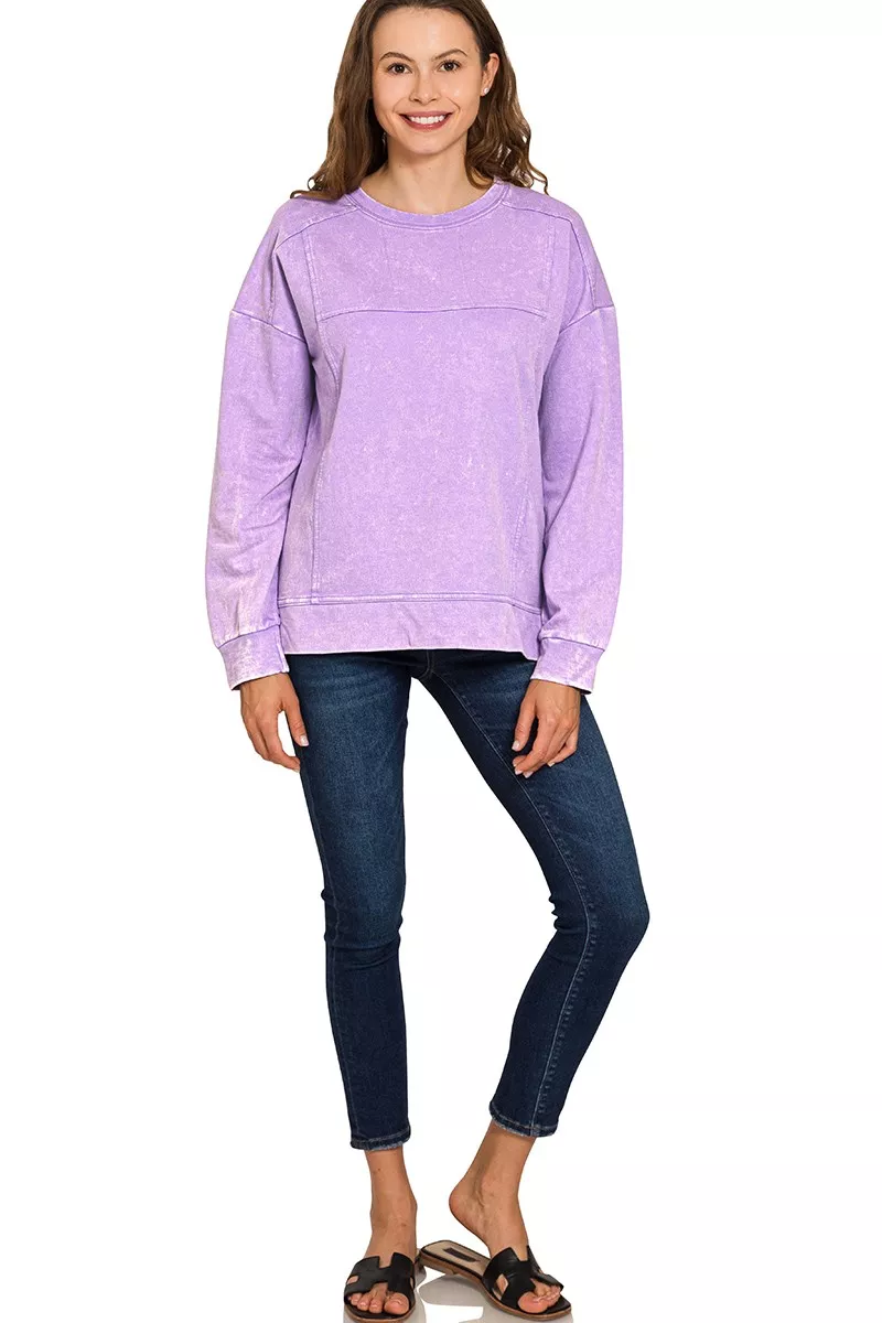 Zenana Acid Wash French Terry Exposed-Seam Pullover - Image 2