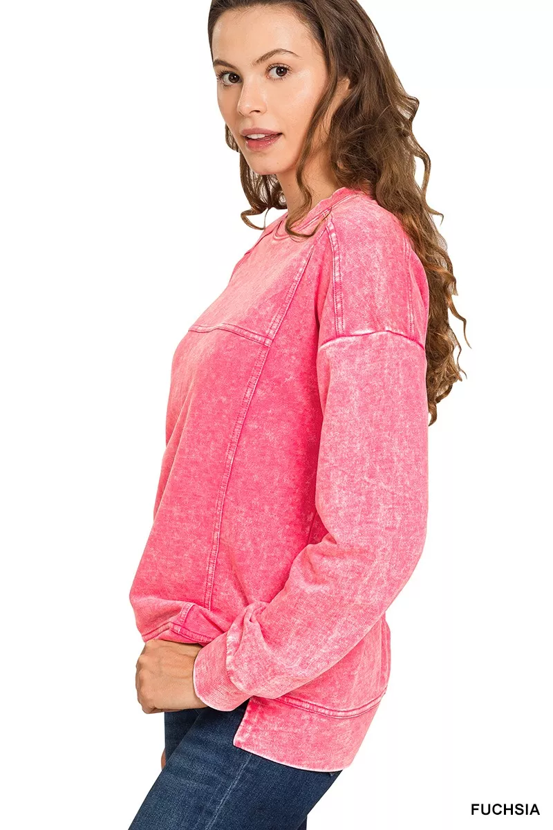 Zenana Acid Wash French Terry Exposed-Seam Pullover - Image 2