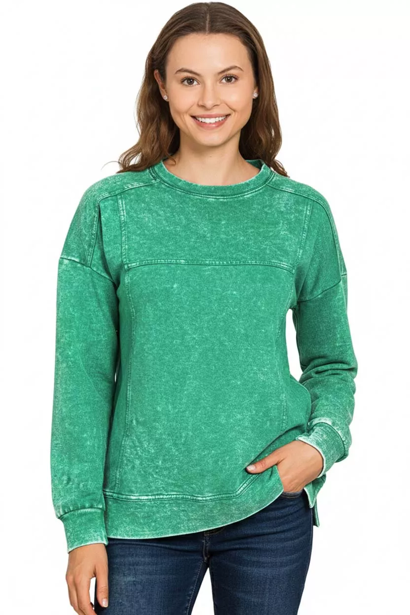 Zenana Acid Wash French Terry Exposed-Seam Pullover - Image 3
